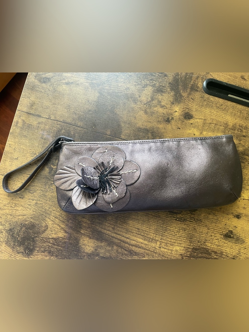 Cole Haan Metallic Brown Leather Flower Wristlet Clutch